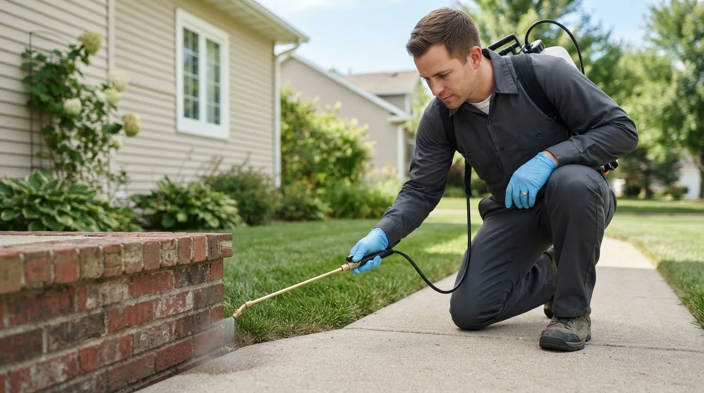 Pest control technician treating a home near Lynchburg, MO